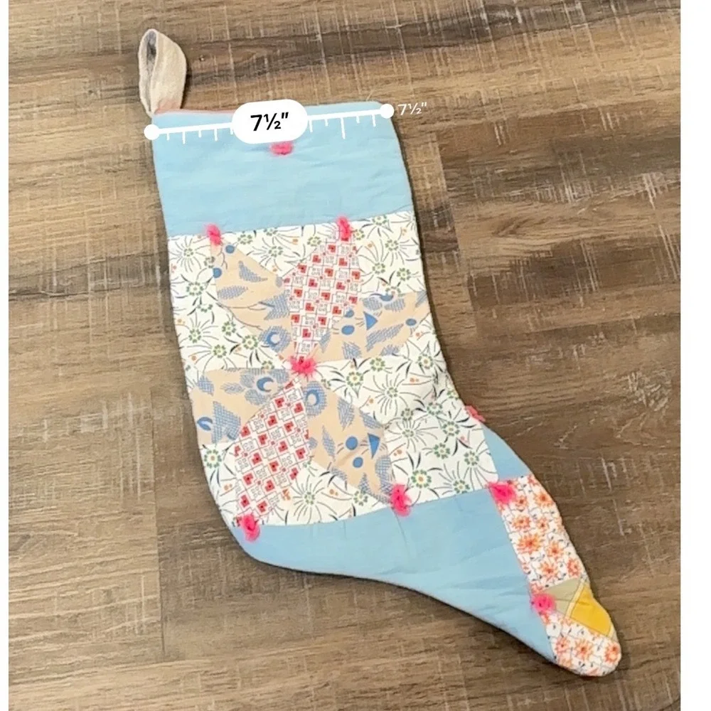 Handmade Vintage Patchwork Quilt Christmas Stocking Blue Pink Floral Cottagecore